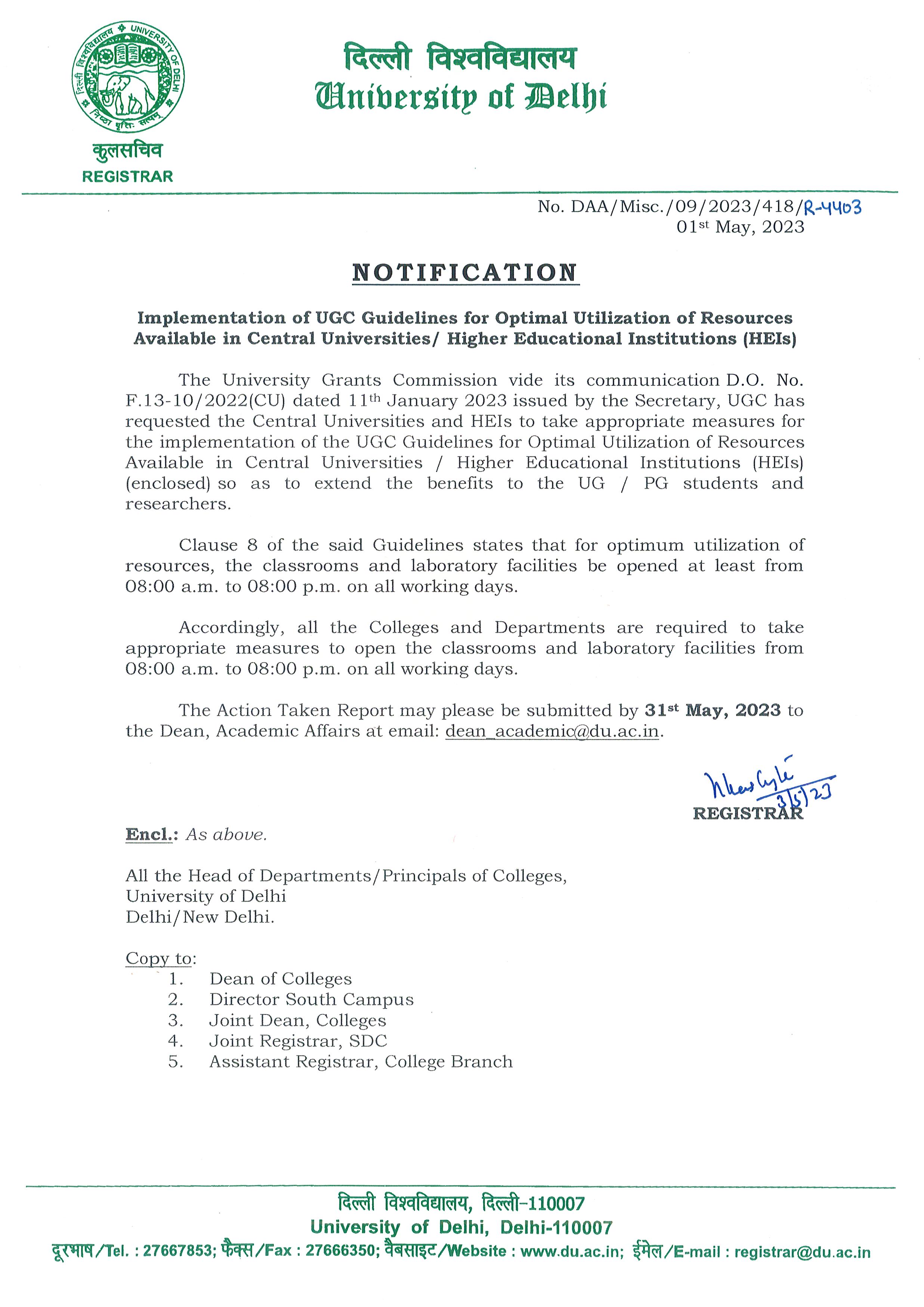 India (University of Delhi) Notification Implementation of UGC